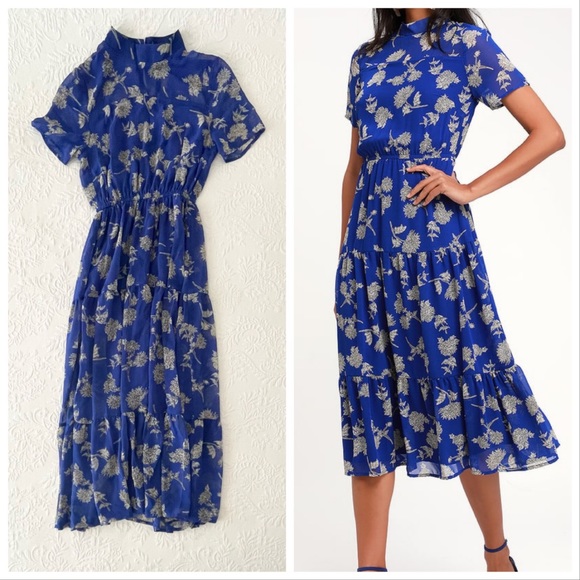 NWOT Lulus Floral Dressed Up Royal Blue Floral Print Midi Dress XSmall - Picture 1 of 9